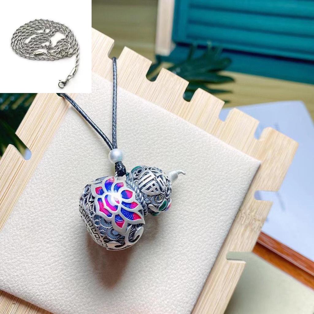 Ethnic Blue Enamel Gourd Pendant, 925 Sterling Silver Sweater Chain for Girls