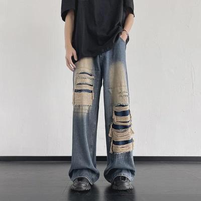 Jeans masculino retrô com remendo rasgado e perna larga - estilo japonês de verão