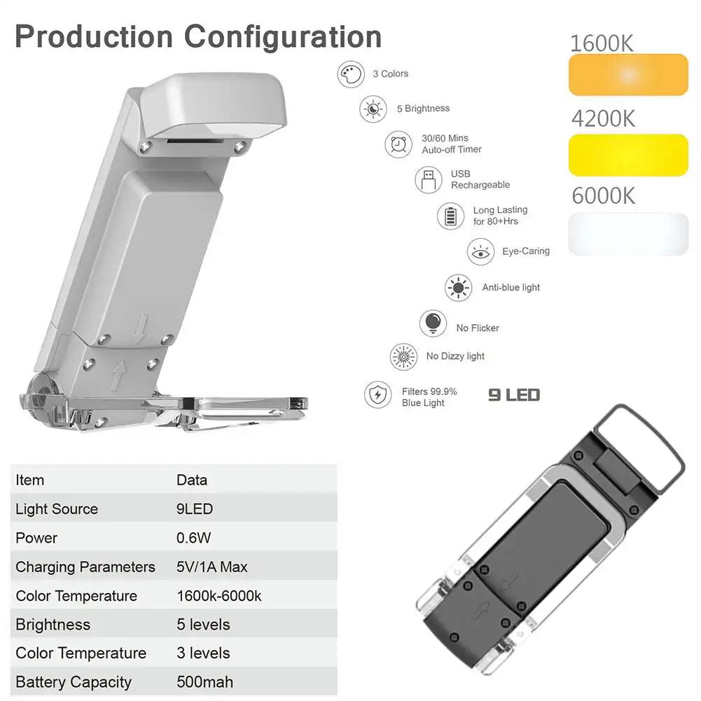 LED Clip-on Bookmark Book Light USB Rechargeable Reading Light Mini Led Brightness Adjustable Portable Bedside Desk Light
