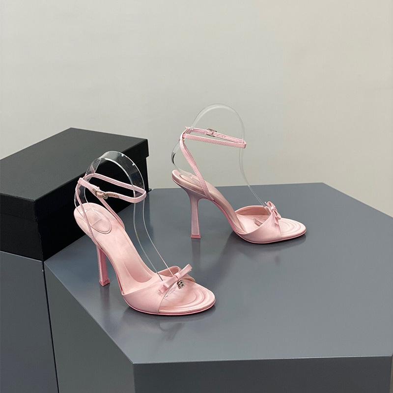 2025 New Summer Bow Satin Heels, Feminine Rhinestone Letters, Stiletto Heels, Open-toe Sandals, Black Pink Womens Shoes Sandals