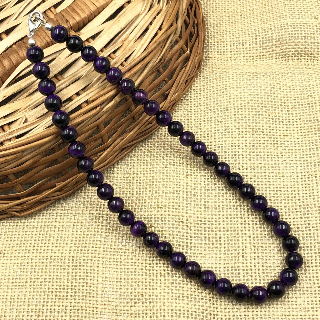8mm Natural Purple Star Tiger Eye Gemstone Round Beads Jewelry Bohemian Beaded Necklace 17-20" For Women 8BN-70