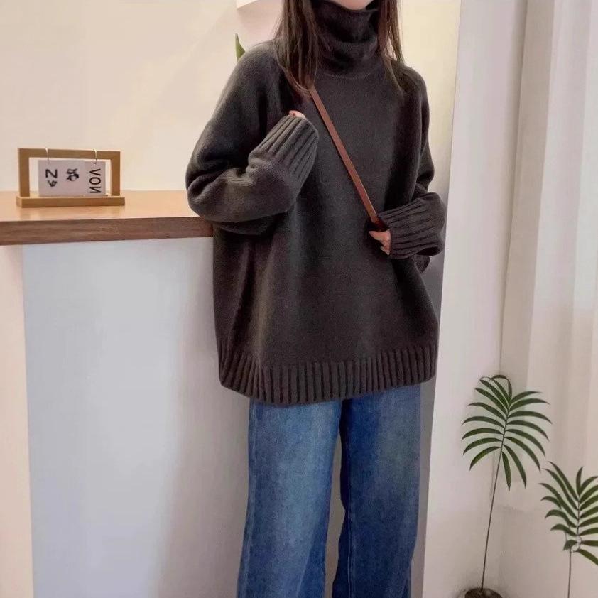 Autumn and Winter New Turtleneck Sweater Women's Loose Thick Curling Heap Collar Lazy Soft Waxy Knitted Sweater Top