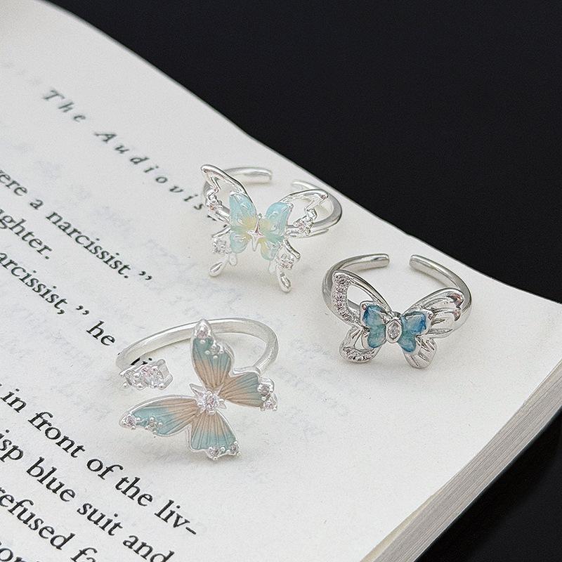 Mädchen Traum Dreidimensionale Schmetterling Farbverlauf Blau und Weiß Emaille Farbe Zir*****Stift Ring Nische Design Stapelring