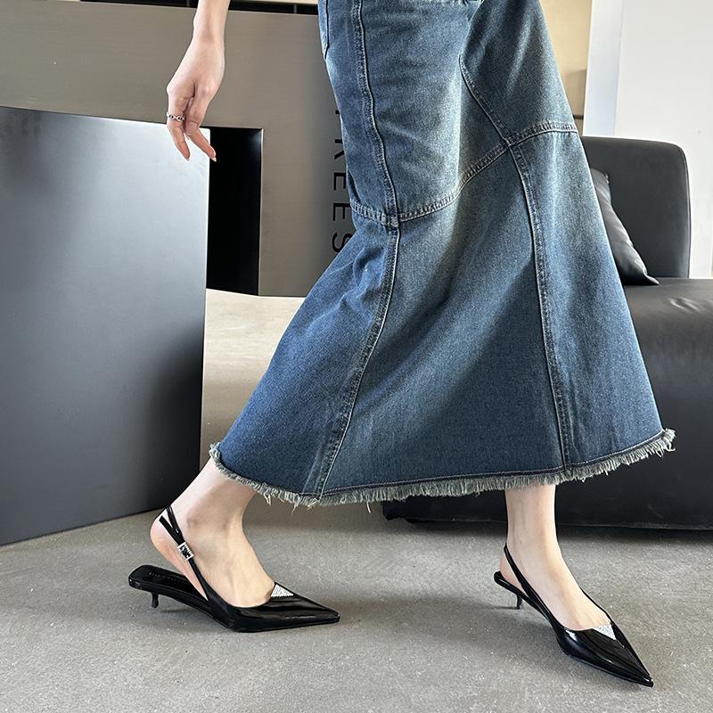 Spring and summer pointed rhinestone bag head empty sandals female cat heel rhinestone high heels single shoes