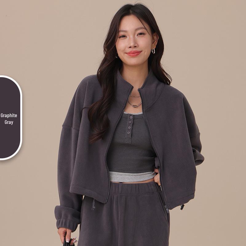 Women's Oreo Fleece Sports Jacket: Double-Sided, Velvet Thickened, Stand Collar, Loose Fit for Autumn/Winter Fitness & Casual Wear.