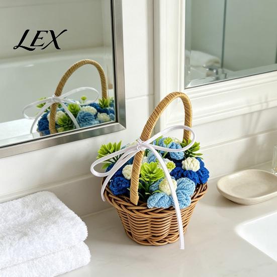 Gift for Chinese Valentine's Day Hand Knitted Wool Flower Basket, Decorative Mini Crocheted Floral with Small Woven Basket Photos Ribbon, Plant
