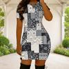 Women Plus Size Round Neck Short Sleeve Patchwork Printed Fitted Mini Dress Black White Grey