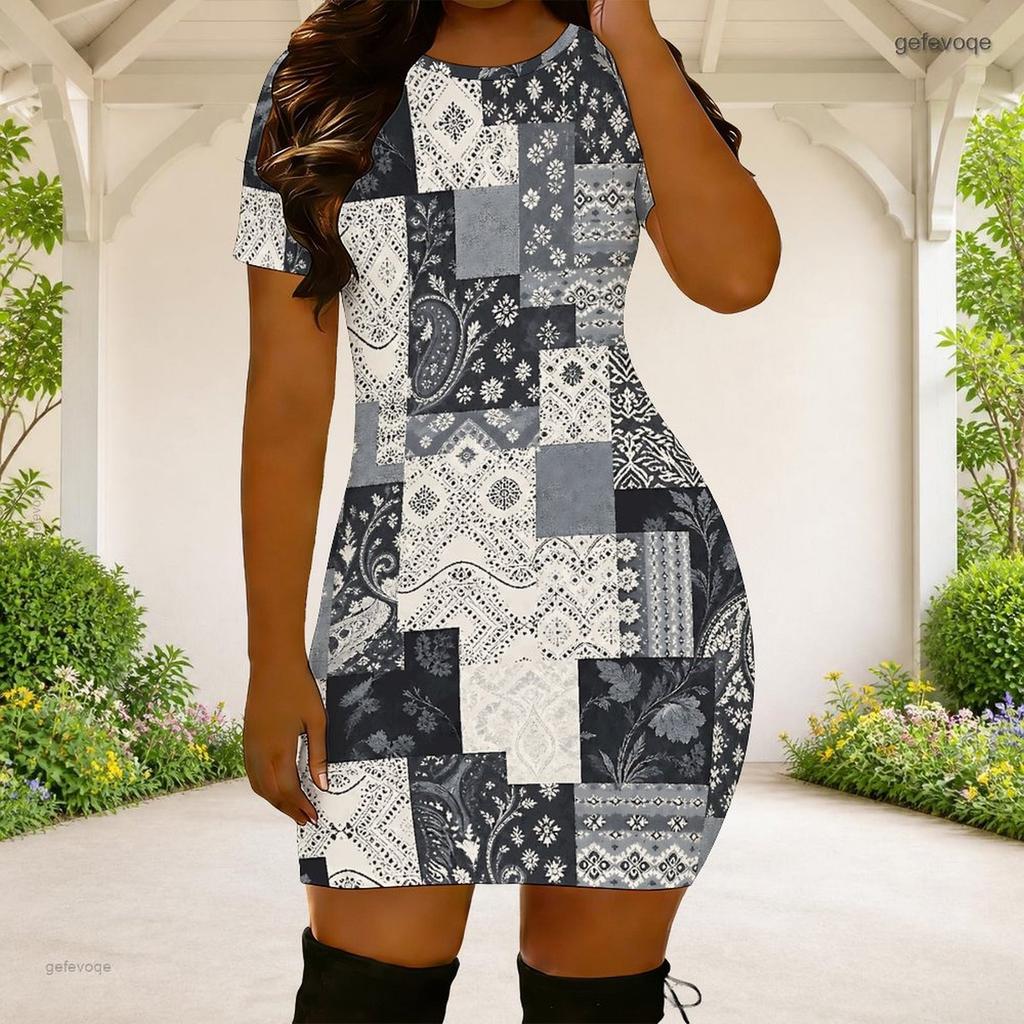 Women Plus Size Round Neck Short Sleeve Patchwork Printed Fitted Mini Dress Black White Grey