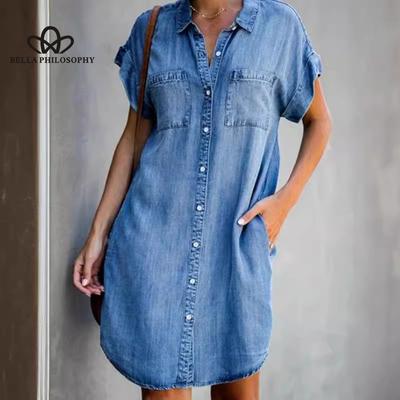 Short Sleeve Slim Fit Denim Dress Mid-Length Women's Dress Fashionable Street Style Casual Style