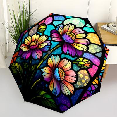 1pc Stained Glass Flowers Automatic Open/Close Umbrella Compact Folding Umbrella, All-Season Portable Umbrella for Women/Men F1124234