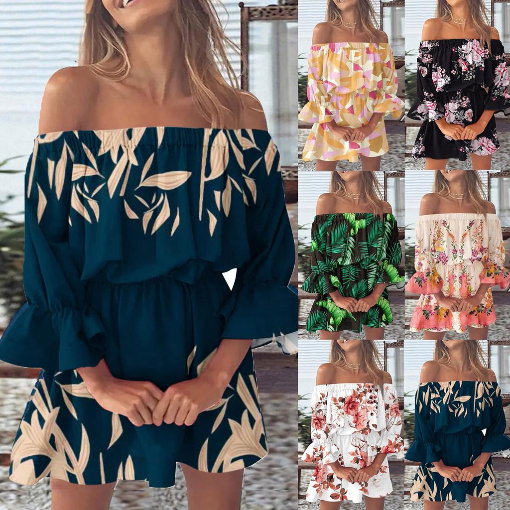 Ladies Casual Sexy One Shoulder Mid Waist Printed Ruffle Sleeve A-Line Dress