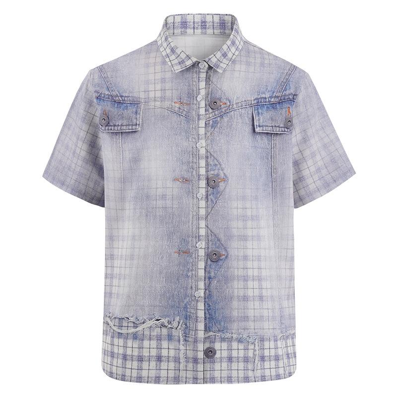 2026 plaid splicing denim short-sleeved shirt old design lapel loose version personalized trendy men s and women s tops S синий