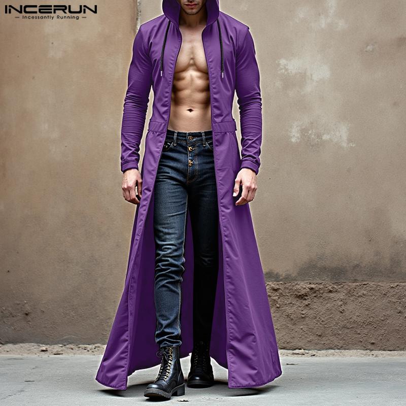 INCERUN Men Collarless Long Sleeve Open Front Long Hooded Cardigan Coats Windbreaker
