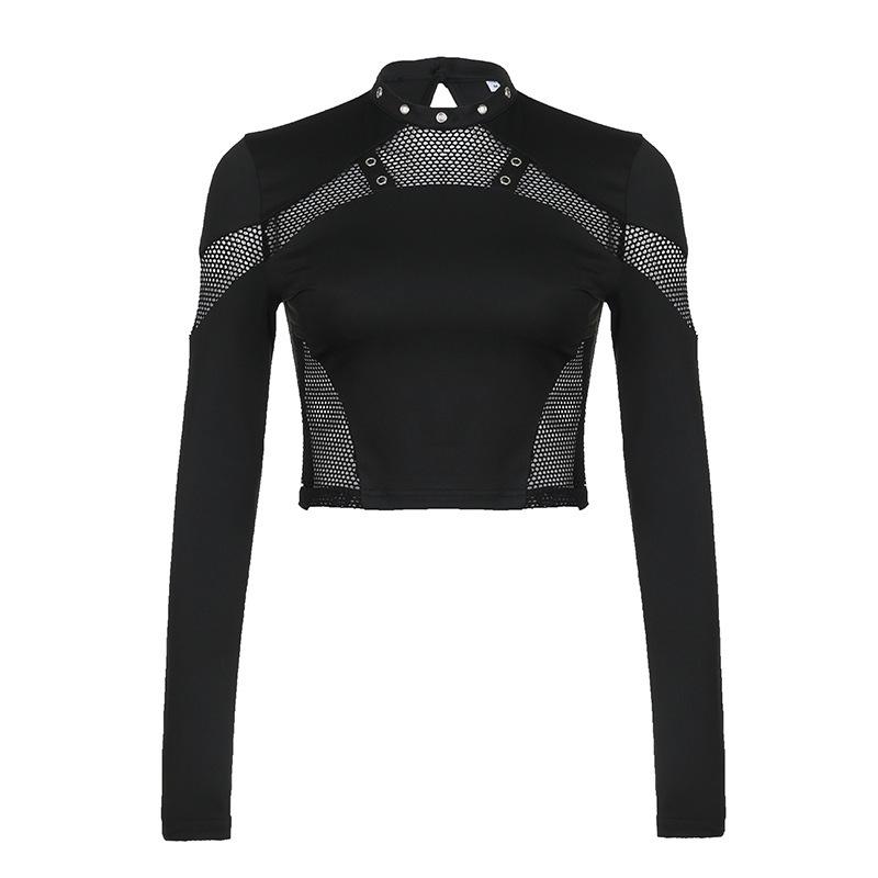 Y2K Women's Dark Punk Mesh Patchwork Slim Fit Long Sleeve Top