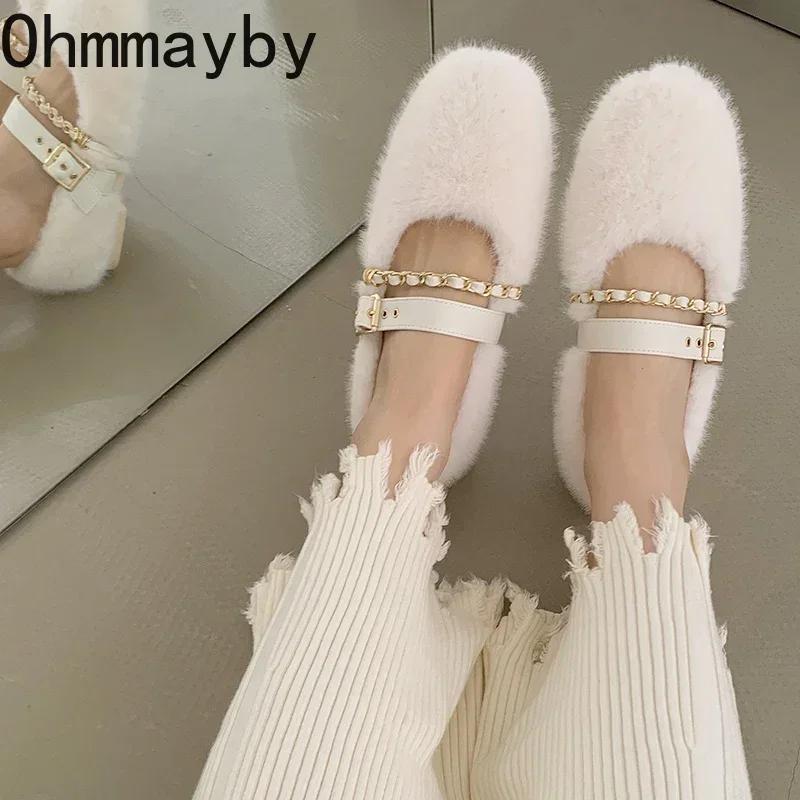 Designer Frühling Herbst Frauen Warme Pelzschuhe Mode Flache Slip On Damen Flats Schuhe Runde Zehe Damen Mary Jane Schuhe