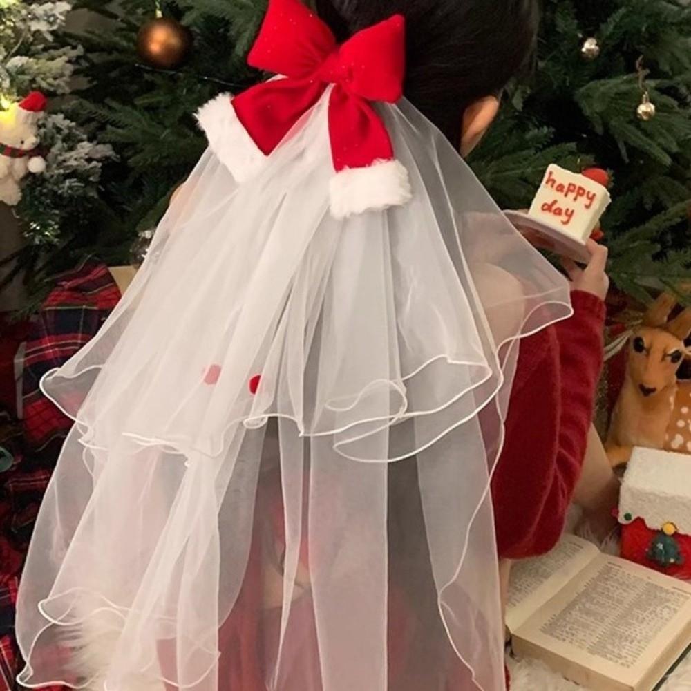 Velvet Christmas Veil Headband Red Bow Veil Gift Christmas Head Gauze Hair Clip