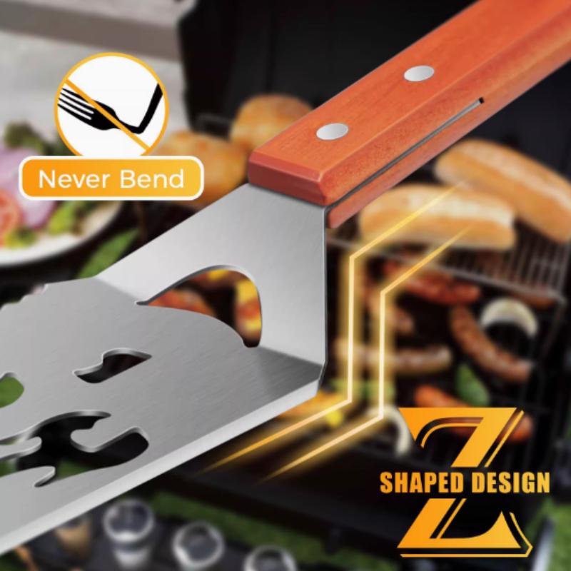 Multi functional creative barbecue shovel with wooden handle, grill spatula with fork knife, bottle opener, kitchen cooking tool