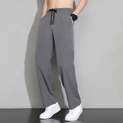 Men Suit Pants Ice Silk Straight Thin Side Pockets Drawstring Elastic Waist Solid Color Quick Dry Gym Traning Jogging Sweatpants Long Trousers