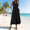 Women Sleeveless Casual V Neck Midi Dress with Zipper and Pockets Relaxed Fit Solid Color Tank Dress