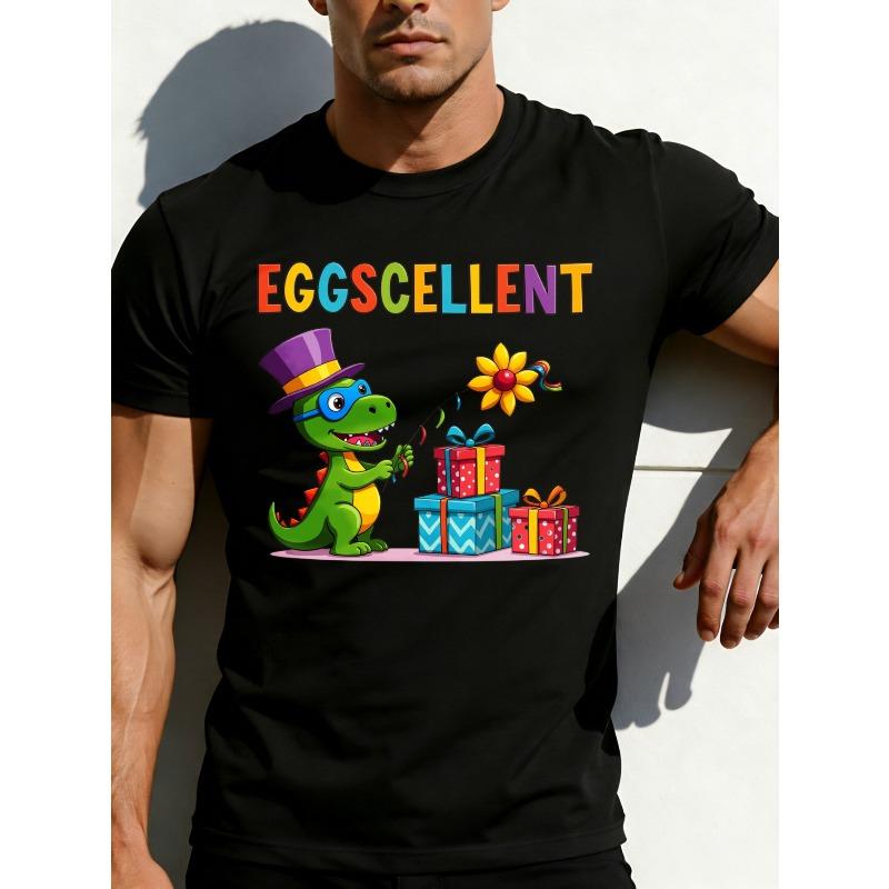 

European Size Casual Fun Style Men S T-Shirt Dinosaur with Hat And Gifts Easter Theme Spring Season Gift for Kids And Families 4XL чорний