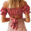 Women's Fashion Ruffle Short Sleeve Off Shoulder Tie Up Back Crop Blouse Top