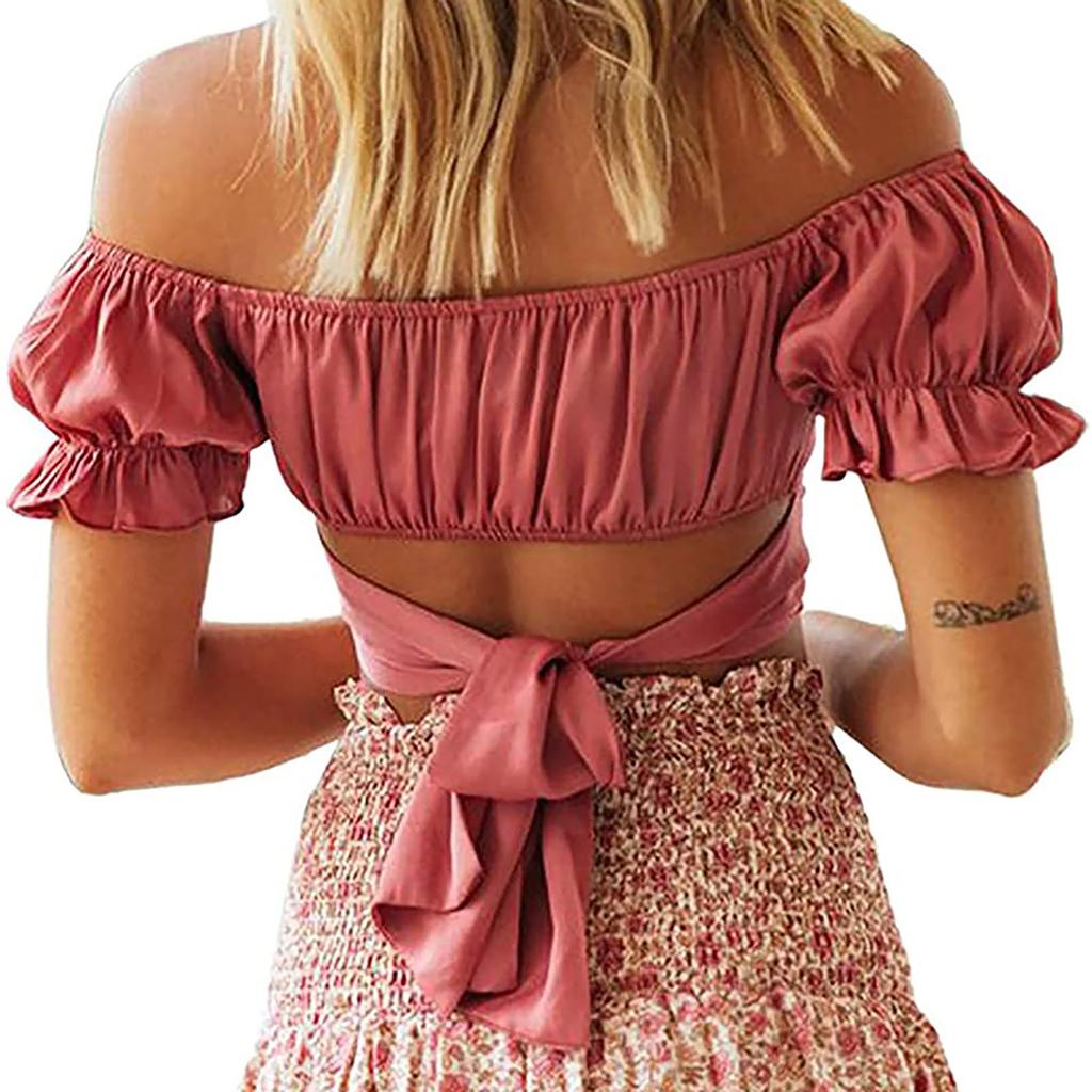 Women's Fashion Ruffle Short Sleeve Off Shoulder Tie Up Back Crop Blouse Top