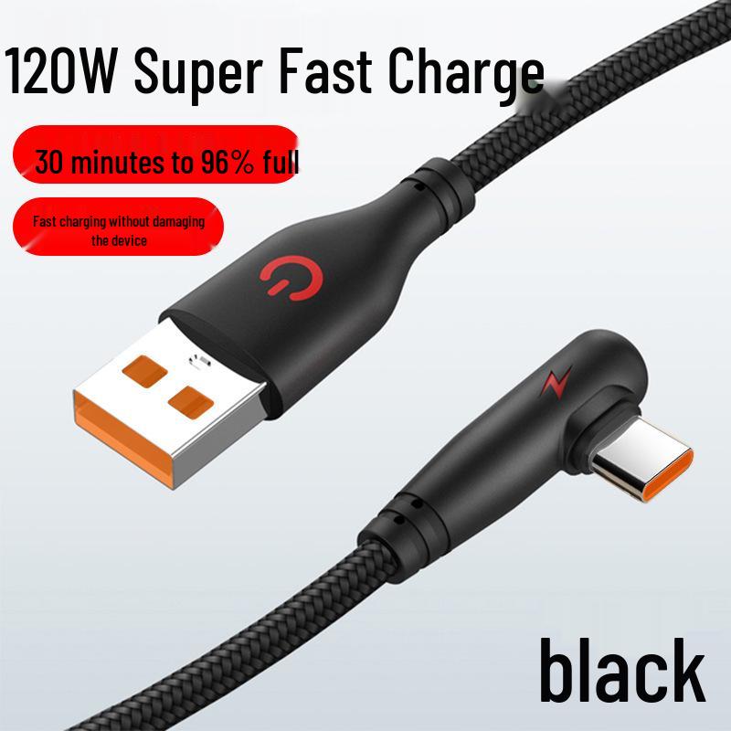 Braided 120W Super Fast Charging Type-C Elbow Cable for Huawei, Vivo, Oppo, and Honor 6A Flash Charge