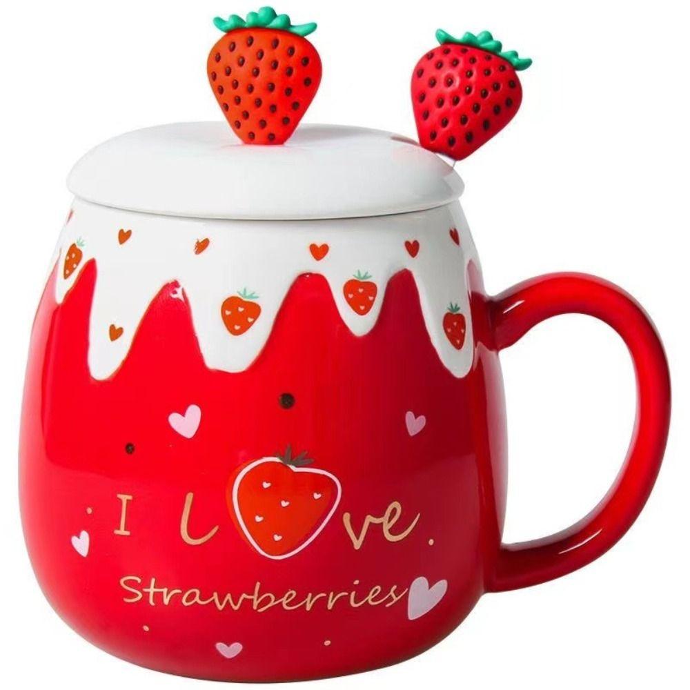 450ML Capacity Strawberry Mug Pink Color Ceramic Mug Cute Design Porcelain Mug Student Use