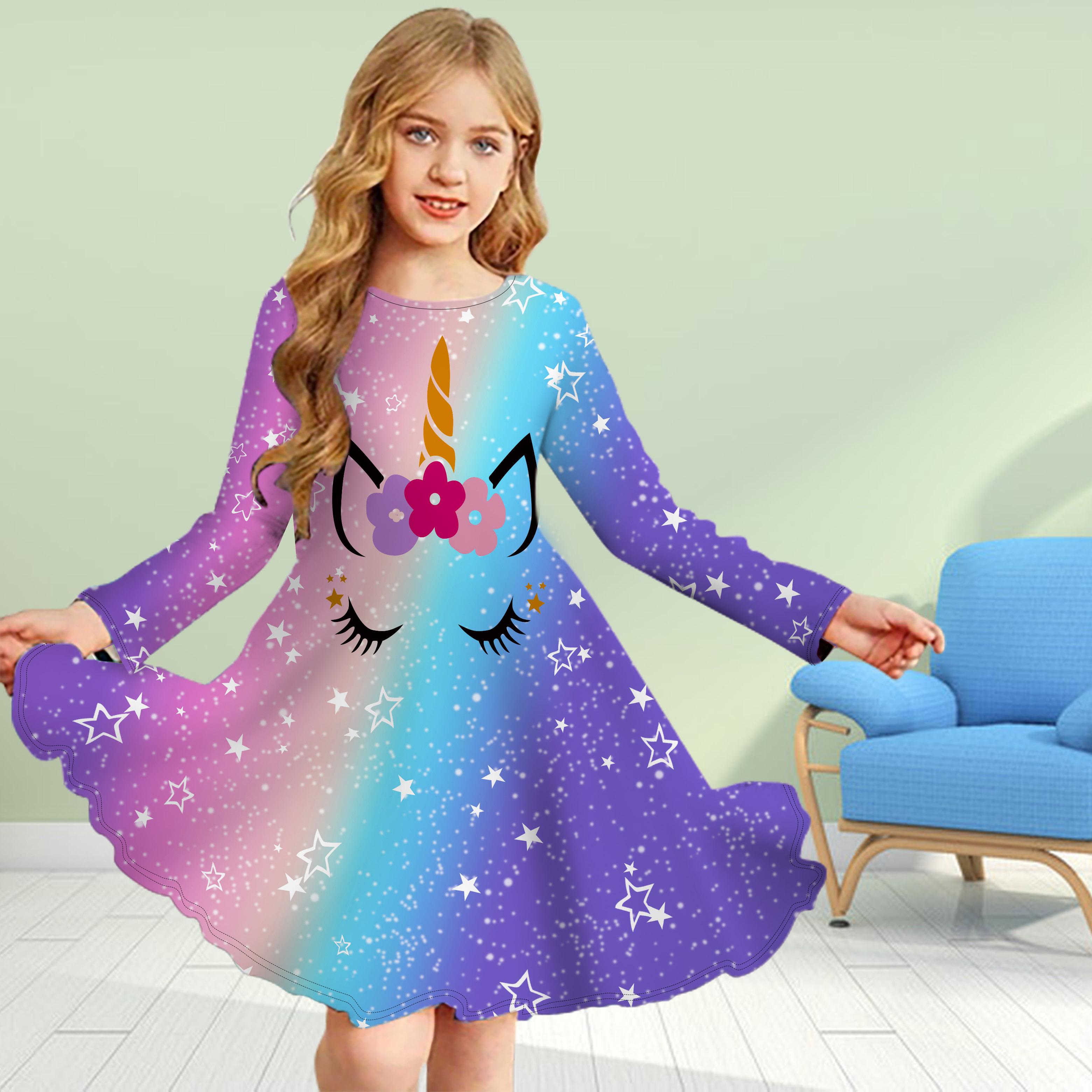 

Повседневное платье для девочек с 3D-принтом, коричневым единорогом, круглым вырезом и длинными рукавами, детское платье принцессы 120 фиолетовый