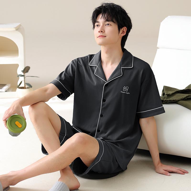 

Men s Pure Cotton Pajama Set: Summer Short Sleeve Shirt & Long Pants, Cardigan Lapel, Loose Fit for Indoor/Outdoor Wear XXL (Recommended 140-160 jin)