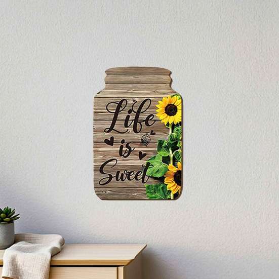 Artistic Wall Decor Panels Mason Jar Shape Decoration, Wooden Art with Sunflower Print, Restaurant Ornaments Retro Rustic Hanging for Farmhouse