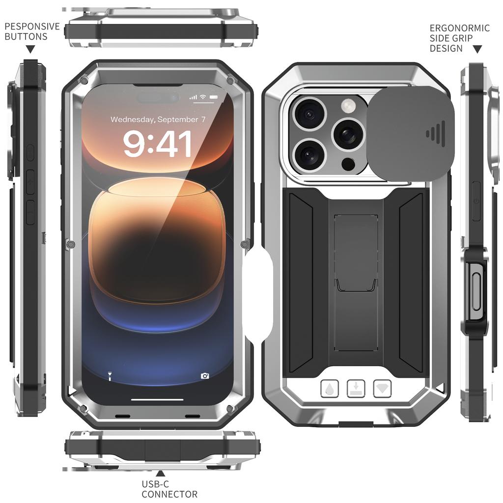 Military Heavy Duty Metal Case for IPhone 13 14 15 16 17 Pro Max Slide Camera Built-in Screen Protector Full Body Hybrid Cover