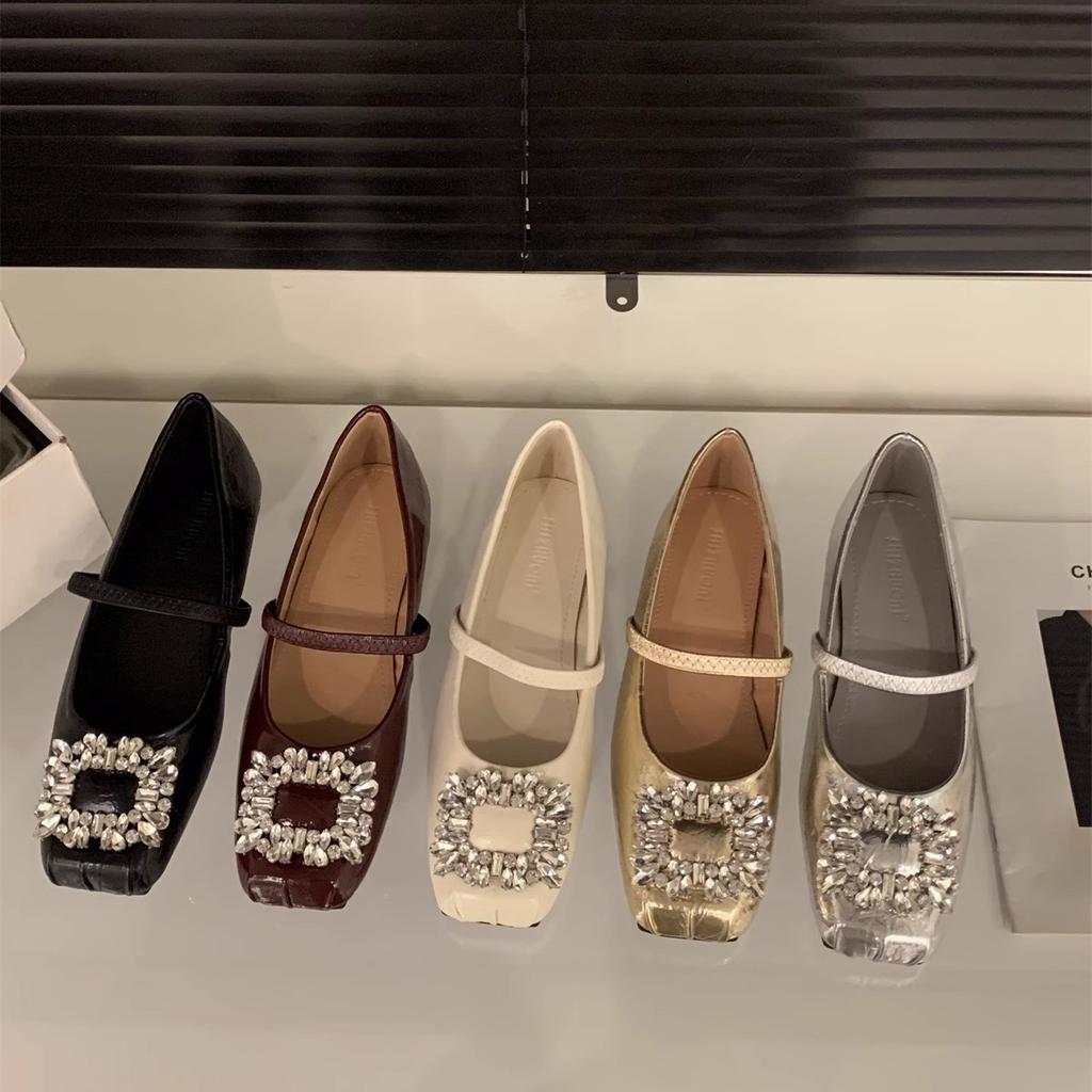 Dámské boty s plochým dnem, francouzské stříbrné boty Mary Jane, nové jarní a podzimní boty s čtvercovou hlavou a červenými kamínky, večerní boty