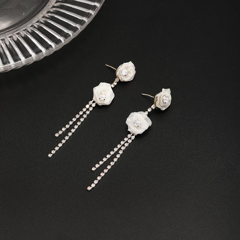 Pure White Mesh Flower Earrings Women'S High-End Long Diamond-Fringed Rose Personalized Earrings