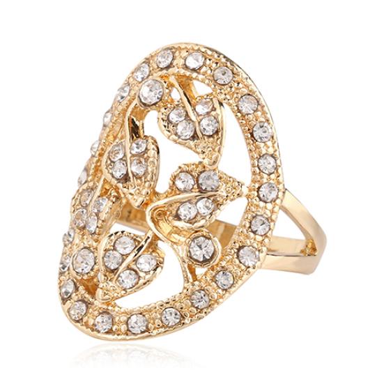 Women Luxury Golden Color Leaves Hollow Rhinestone Wedding Banquet Ring Jewelry