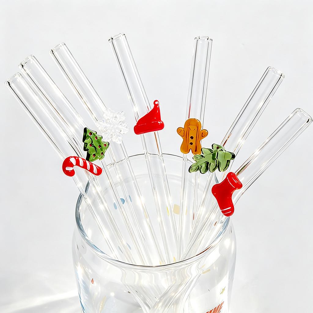 6pcs Christmas Glass Straws Set with Brush Reusable Glass Straw Suitable for Milkshakes Juices Coffee Kitchen Bar Accessories