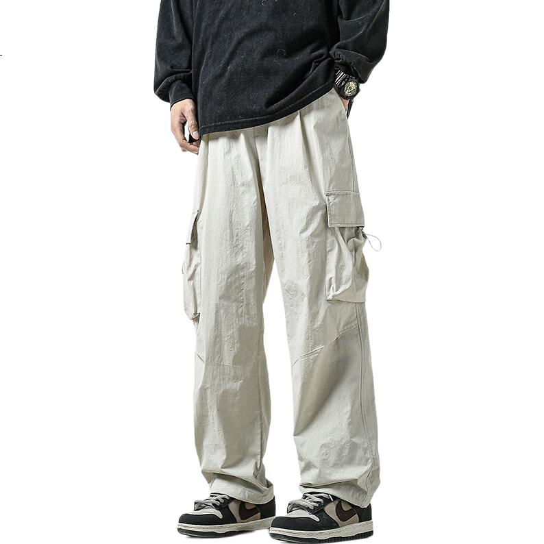 Dingfengbaoluo American Retro Wide-Leg Cargo Pants for Men, Spring Trendy Loose Versatile Straight Casual Trousers ZW48 Black L