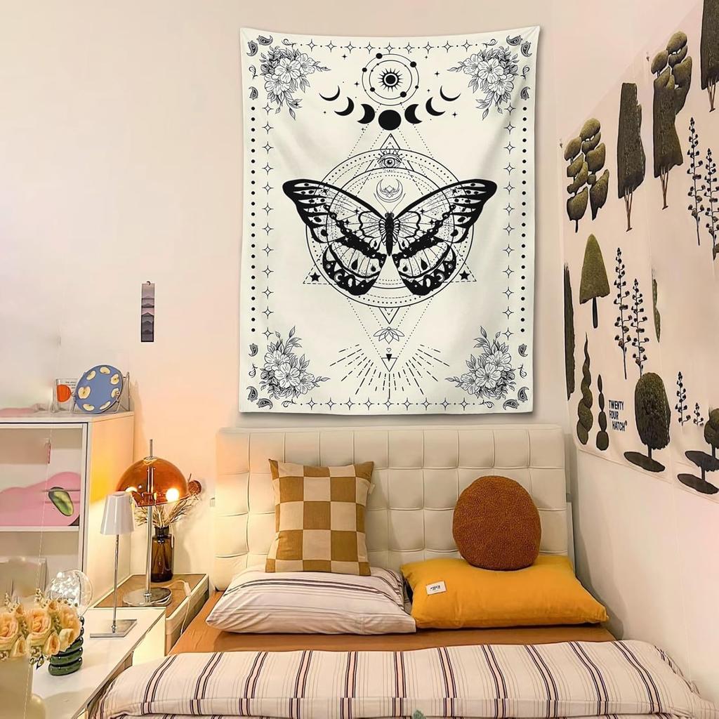 Avinyl Black and White Butterfly Tapestry for Bedroom, Vintage Flower Large Moon Tapestries Wall Hanging, Cute Tarot Poster for