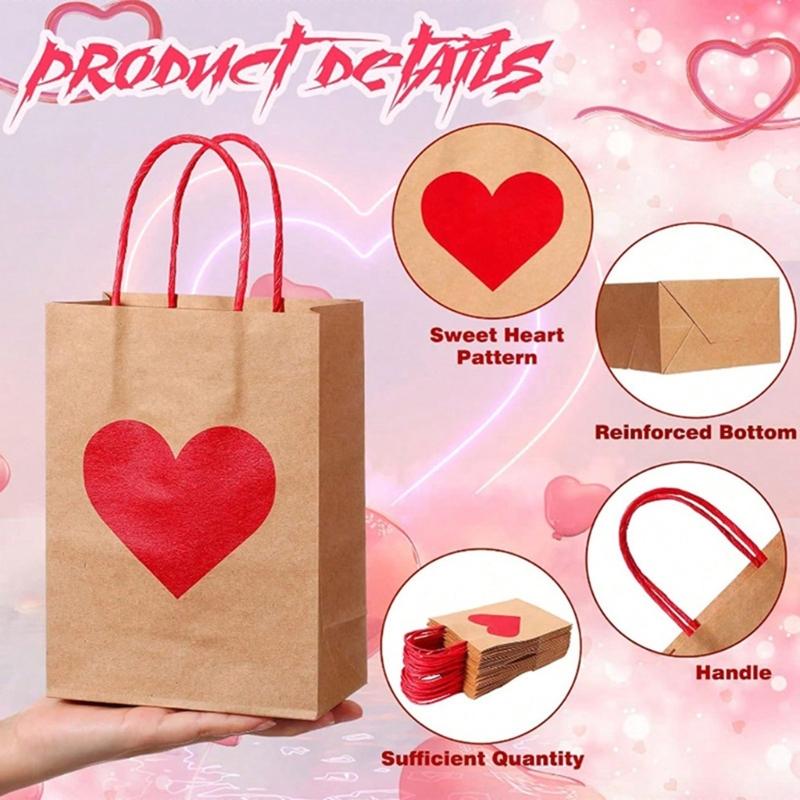 10PCS Valentine's Day Heart Candy Bags Kraft Paper Gift Bags with Handles for Weddings and Birthday Parties