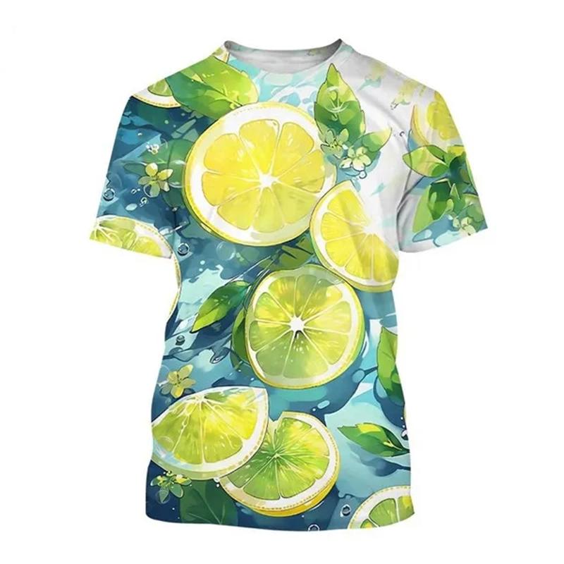 Summer Round Neck 3D Fruit Lemon Pattern Print Top Fashionable Casual Short Sleeved Men's and Women's Unisex T-shirts