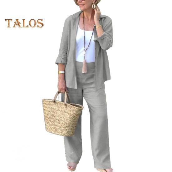 2-teiliges Damen-Outfit mit Revers, langen Ärmeln, Knopfverschluss, Hemd mit hoher Taille, geradem, weitem Bein und langen Hosen