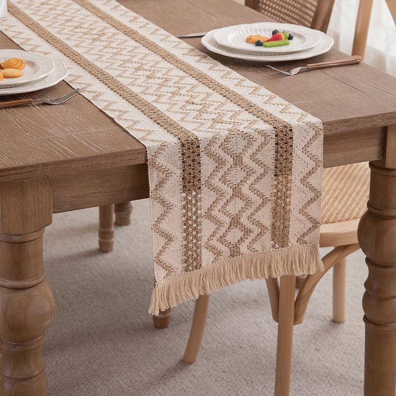 American Cotton Linen Table Runner, Natural Color with Tassels, Stripes, Diamonds, and Plaid Pattern for Dining Table or Sideboard Decoration.