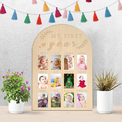 Baby Första året Milstolpe Fotoram Rustik Trä Nyfödda Pojkar Flickor Spädbarn Månatlig Bild Display Board Barnkammare Sovrum Väggdekoration Minnesak