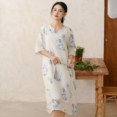 Women Vintage V-Neck Dresses Print Floral Half Sleeve Summer Chinese Style A-Line Dress