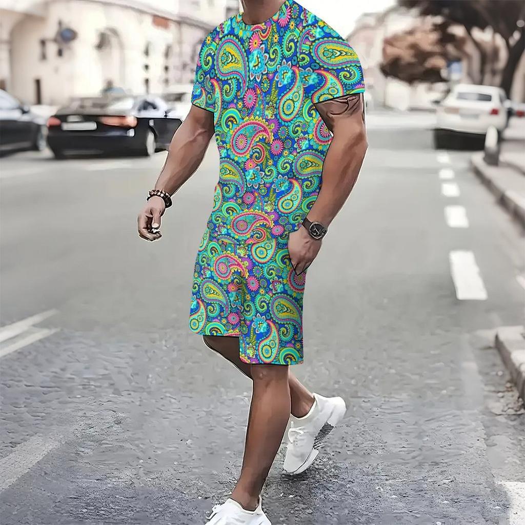 Men Full Black White Paisley Bandana Print Short Sleeve Tee And Matching Shorts Two Piece Outfit