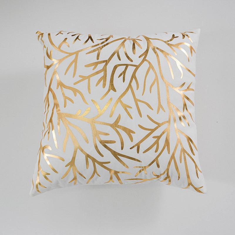 Short Plush Golden Leaf Sofa Cushion Cover, Retro Light Luxury Living Room Bedside Pillow Cover, Hot Stamping Pillow Cover