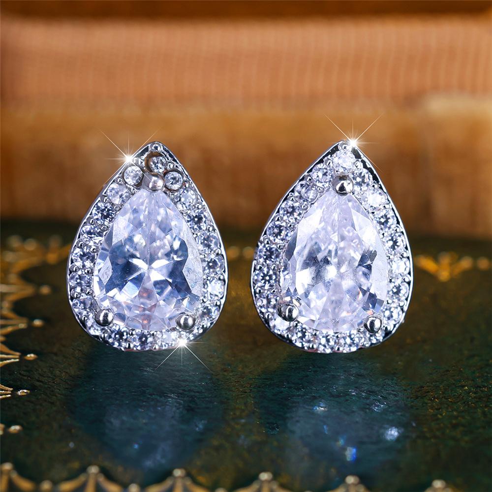Boho Female Crystal Green Blue Stone Small Silver Color Stud Earrings Vintage Party Wedding For Women