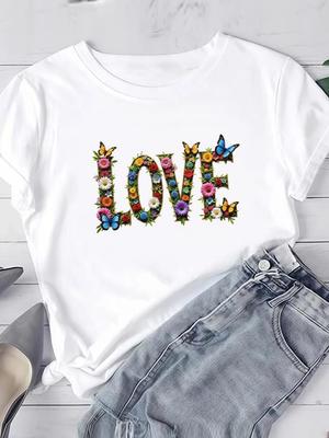 (Asian Size) Letter Flower Cute Short Sleeve Tee Clothing T Shirt Woman Women Fashion Top Print Female Graphic T-shirts