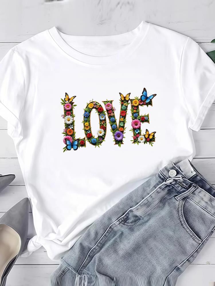 (Asian Size) Watercolor Flower Cute Short Sleeve Tee Clothing T Shirt Woman Women Fashion Top Print Female Graphic T-shirts