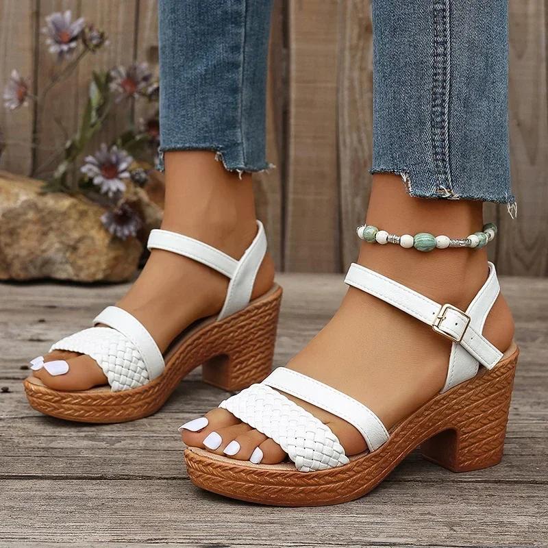 Fashion Women Sandals White Chunky Heeled Sandals Women Summer 2025 Braid Band Gladiator Sandals Woman Ankle Strap Casual Platform Shoes
